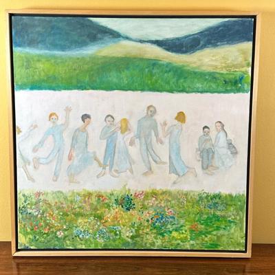 Unknown Artist, Oil Painting - "Pale People in Big Space" | Original artwork of people seemingly dancing in a green meadow,...