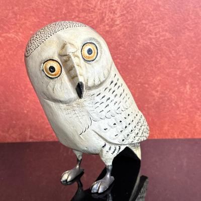 Wooden Figure - Snowy Owl | Hand-painted, wooden snowy owl figure with brass feet. - h. 9 x w. 8.5 x d. 4 in
