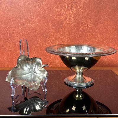 (2pc) Tiffany & Co. & Meridien Silver Dishes | Tiffany & Co. sterling silver maple leaf-shaped dish. Marked on underside:...