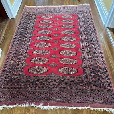 Oriental Style Rug - Red With Label | Vintage (mid 20th c.) red colored oriental style rug, possibly of Turkmen/Persian origin. Marked on...