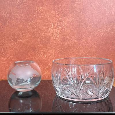 (2pc) Crystal Rose Bowl & Cut Glass Bowl | Modern (21st c.) crystal rose bowl with etched world map Vintage (mid-20th century.) cut...
