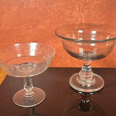 (2pc) Footed Compotes/Bowls | Large cut glass crystal footed compote/bowl Small etched glass footed compote/bowl with floral design - h....