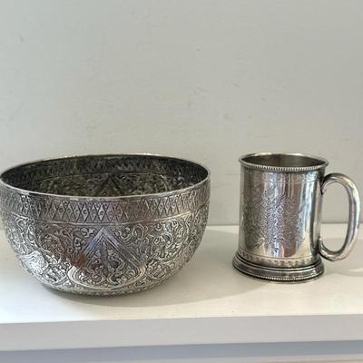 (2pc) Silver Plate Bowl & Mug | Victorian style silver plated (Christening) mug with handle and engraved floral motif. Far East...