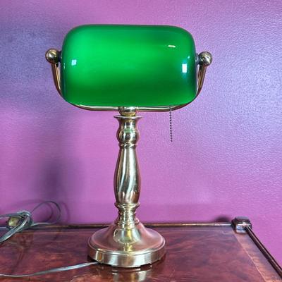 Banker's Table Lamp | Vintage (early 20th c.) banker's table lamp with brass base and green slag glass lampshade. - h. 16.5 x...