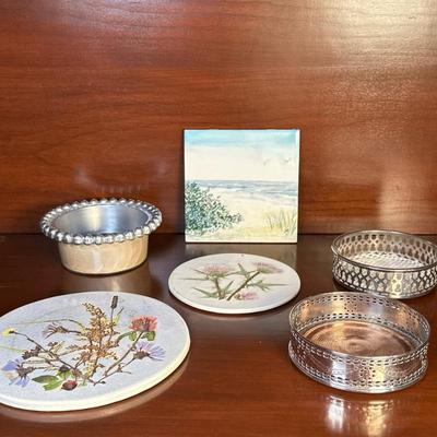 (6pc) Coasters & Wine Bottle Stands | Square coaster with hand-painted beach scene Round "beaded" rim aluminum wine bottle...