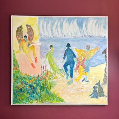 After James Ensor (Belgian, 1860-1949) Painting | Painting of angelic individuals and animals along the beach with sailboats in the...
