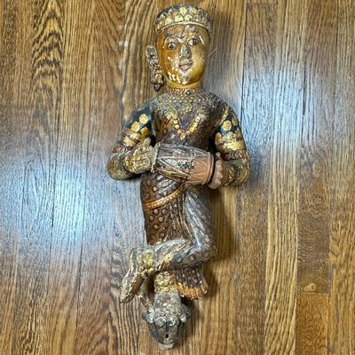 Indian Painted Figure - Gandharva with Drum | Indian hand-carved, hand-painted wooden figure of a celestial musician, also known as a...