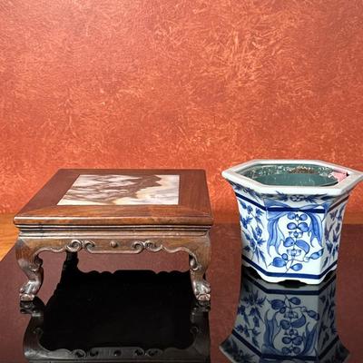 (2pc) Chinese Bonsai Stand & Cachepot | Vintage (mid 20th c.) Chinese carved rosewood bonsai stand with inlaid marble top. Vintage...
