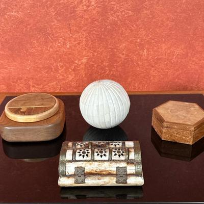 (4pc) Trinket Boxes & Decorative Ball | White bone carved decorative ball: diameter 4.5” Floral design camel bone trinket box: l....