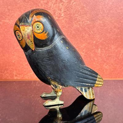 Wooden Figure - Black Owl | Hand-painted, wooden black owl figure with brass feet. - h. 9.5 x w. 8.5 x d. 4 in
