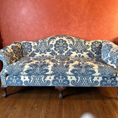 Camel Back Upholstered Sofa - Blue & White | Camel back sofa with wooden ball-and-claw feet, upholstered in a blue and white floral...