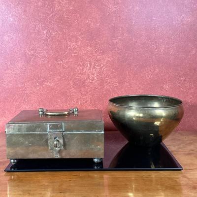(2pc) Indian Brass Singing Bowl & Pan Dani | Indian brass singing bowl (for meditation). Marked on underside "Amritsar":...