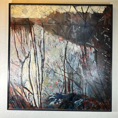 Unknown Artist, Oil Painting - Moody Forest | Scenic painting of a moody forest or river's edge at dawn or dusk. Oil on canvas....