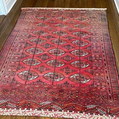 Oriental Style Rug - Red with Fabric Edge | Red colored oriental style rug, possibly of Turkmen/Persian origin. Two ends have had fabric...