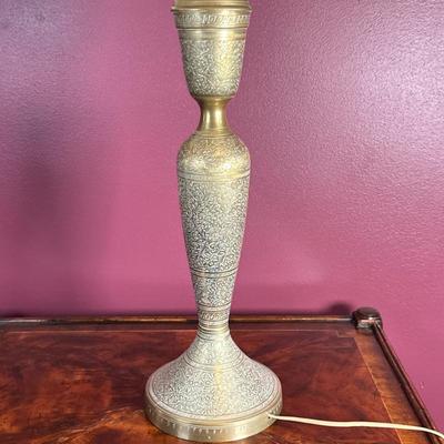 Middle Eastern Tall Brass Table Lamp | Middle Eastern-inspired tall brass table lamp with etched details and lampshade. - h. 33 x w. 6 in
