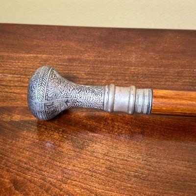 Walking Stick/Cane with Ornate Handle | Antique wooden walking stick/cane with ornate silver or pewter handle. - h. 38 in

