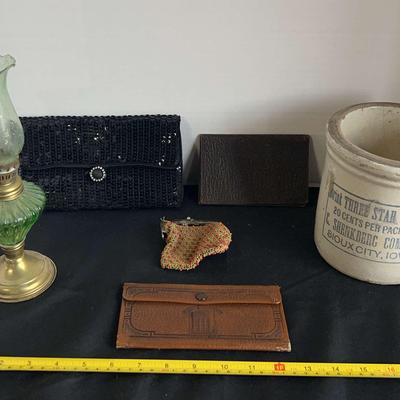  Vintage Bags, Gas Lamp And Crock