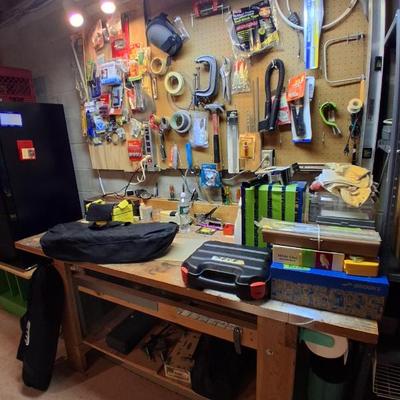 basement work bench with tools