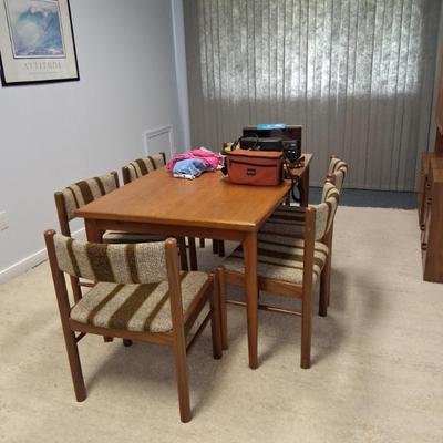 Mid Century teak dining or conference table with 6 chairs, wool fabric