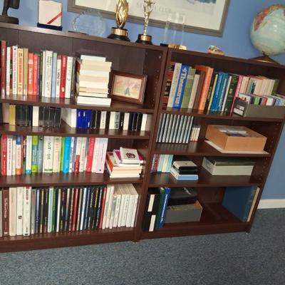walnut laminate and veneer book cases, dozens of books