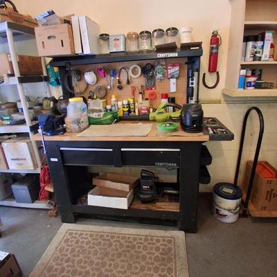 full garage, craftsman work bench with tools, supplies, chemicals, 