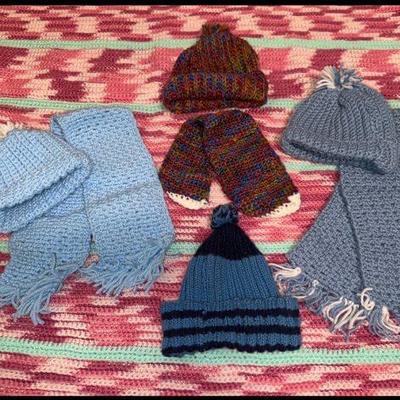 Newborn hat, scarves, blanket 
