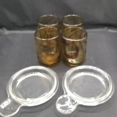 (MDR3089) Mexican Brown Swirl Blown Glass Tumblers With Two Pyrex Lids