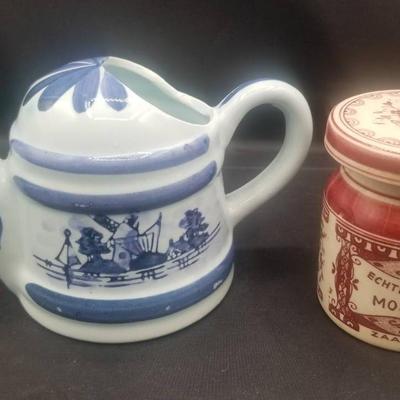 (MDR4025) 1974 Chadwick-Miller Ceramic Music Box Painted In Delft Pattern With Delft Mustard Jar