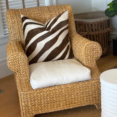 Pair of Seagrass oversized chairs with white cushions 