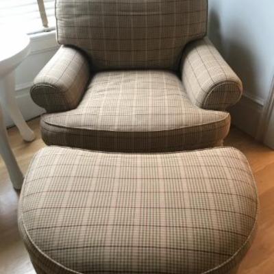 Pair Ralph Lauren plaid chairs with ottoman 