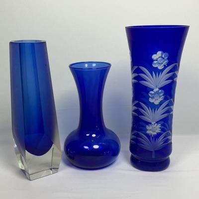 3 Cobalt Blue Crystal & Glass Vases