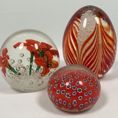 Red Floral & Red Stripe Paperweights - Murano Glass & More