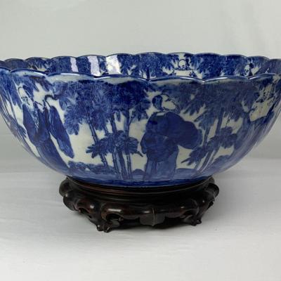 Japanese Blue and White Scalloped Edge Punch Bowl