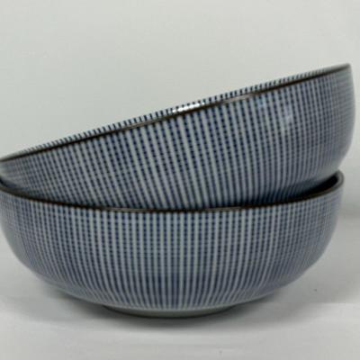 Japanese Porcelain Blue & White Stripe Bowls
