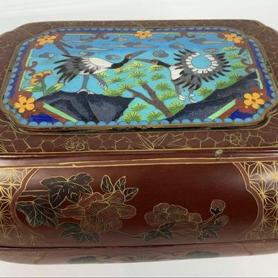 Wooden Cloisonne Trinket Box with Crane Design