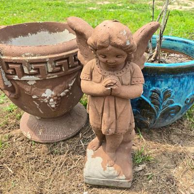 3 Garden Pots & Cement Angel Statue 