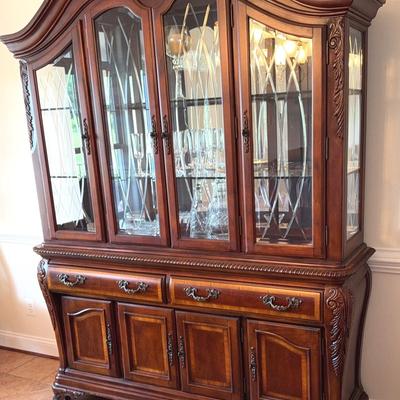 Carved China Cabinet with Etched Glass and Mirror Back