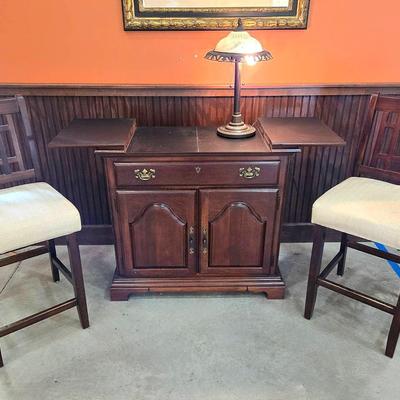 American Drew Bar Cabinet, 2 Stools, Lamp