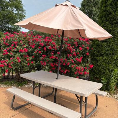6’ Lifetime Folding Picnic Table, Umbrella & Stand 