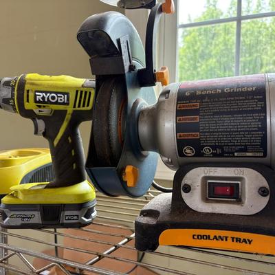 Ryobi 6” Bench Grinder, Battery Drill With Charger
