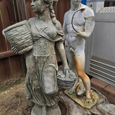 2 Cement Garden Statues David & Vineyard Maiden