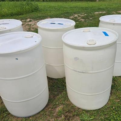 Five 55 Gallon Food Grade Liquid Barrels