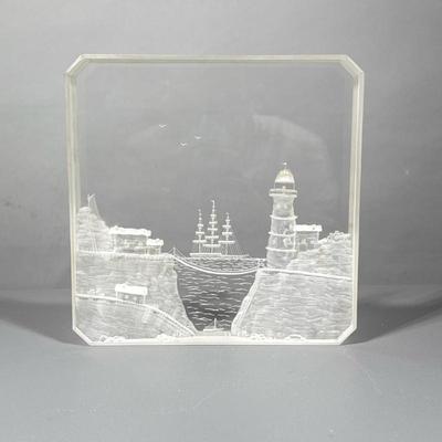 Lucite Art | Etched acrylic etched art block depicting a lighthouse scene. - h. 8.5 x w. 8.5 in
