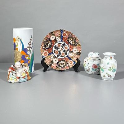 (5pc) Buddha, Plate, And Vases | Laughing Buddha porcelain figurine, oriental style gold and rust plate, Rosenthal signed vase, two...