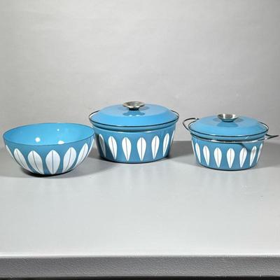 (3pc) Mid Century Modern Enamelware | Two covered casserole pots and a bowl. “Lotus” pattern by Cathrineholm, made in Norway. - h. 4 x...