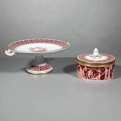 (2pc) Cake Plate And Covered Jar/Bowl | Matching Mottahedeh pieces made in Portugal. Pink and maroon trim. Cake plate is raised with...