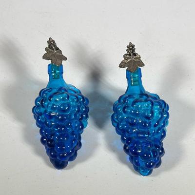 (2pc) PAIR GLASS GRAPE CLUSTER DECANTERS | Pair of blue glass grape cluster form decanters with cork stopper - h. 3 x w. 3.5 x l. 7.5 in
