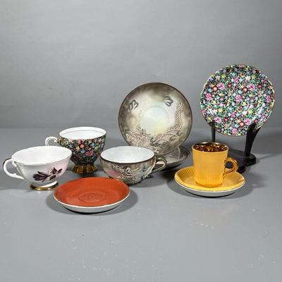 (13pc) Assorted Tea Cups | Including one yellow with gold interior Demi-tasse cup with matching saucer from Norway, additional saucer,...