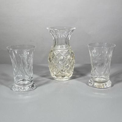 (3pc) Crystal Pieces | Heavy cut crystal vase and two matching etched crystal classes. -  h. 7 x dia. 4 in (Vase)