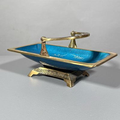 PAINTED BRASS DECORATIVE BASKET | Paint decorated brass basket with handle, painted fruit & “Israel” painted on center - h. 7 x w. 5...